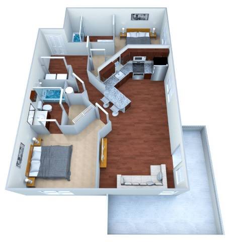 A 3D floor plan of a house with a kitchen, living room, and two bedrooms.